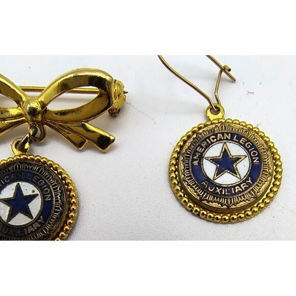 Vintage American Legion Auxiliary Pin & Earrings Set Gold-Tone Bow & Star Medall - Picture 4 of 4